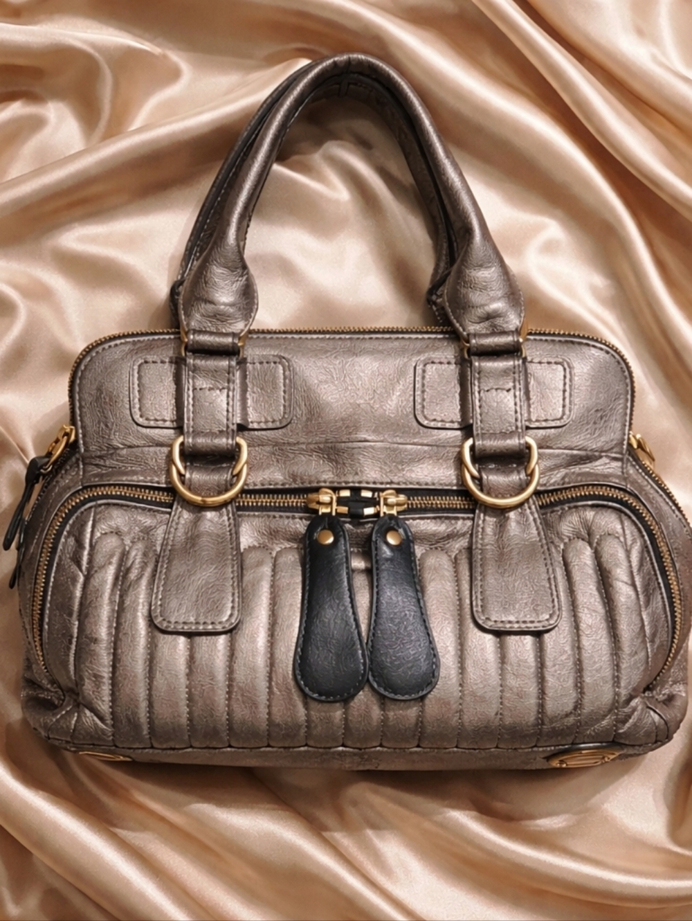 Vintage Chloe Leather Top Handle Bag In A Pewter With Gold Hardware